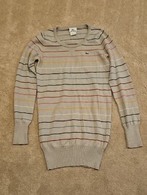 Lacoste Light Gray Crewneck Sweater with Multicolor Stripes